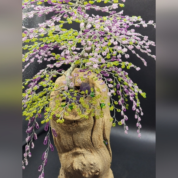 Beaded Bonsai Wire Tree, Pink, Purple, Green Wisteria on Driftwood - Picture 5 of 16